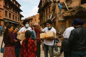 Sikh volunteers wearing turbans and masks distribute aid boxes to local residents in a street lined with damaged brick buildings, showing community service and humanitarian relief in action.