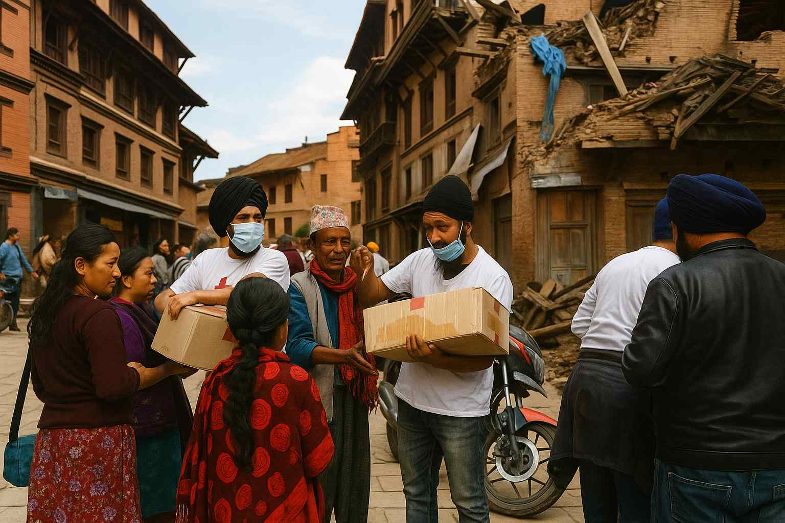Sikh volunteers wearing turbans and masks distribute aid boxes to local residents in a street lined with damaged brick buildings, showing community service and humanitarian relief in action.
