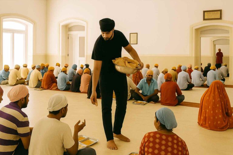 Inside a Sikh gurdwara’s Langar hall, people sit cross-legged on the floor in rows, sharing a communal meal. A volunteer in a black turban and clothes serves fresh rotis from a large bowl, emphasizing equality and community service.