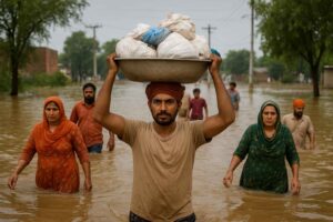 Villagers wade through floodwaters in Punjab, led by a young man carrying relief supplies on his head.