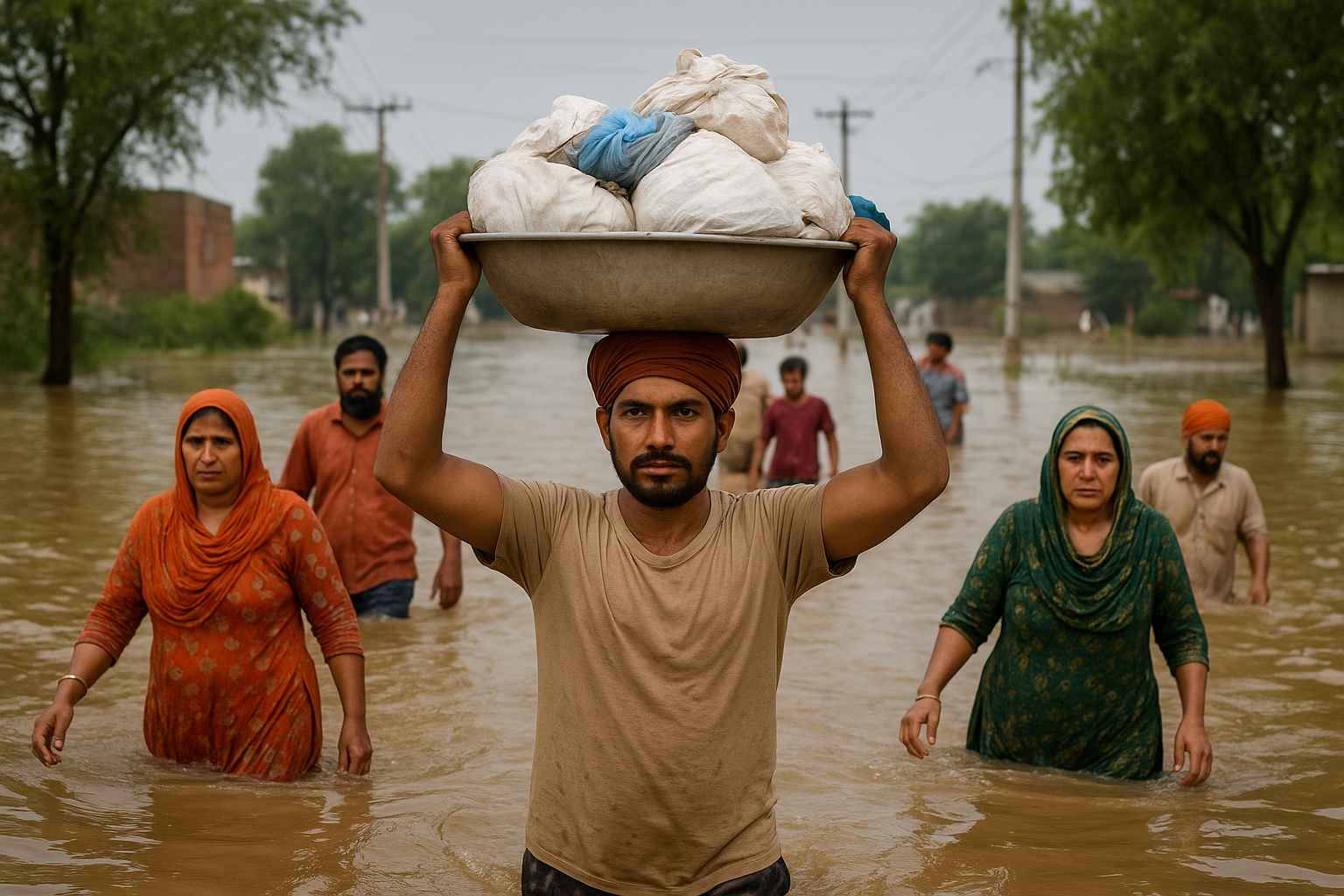 Villagers wade through floodwaters in Punjab, led by a young man carrying relief supplies on his head.