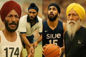 Composite image of Sikh athletes Milkha Singh, Balbir Singh Sr., Darsh Preet Singh, and Fauja Singh against a stadium backdrop.
