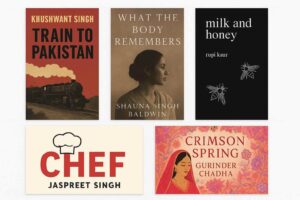 A modern collage of five book covers by Sikh authors — Train to Pakistan, What the Body Remembers, Milk and Honey, Chef, and Crimson Spring.
