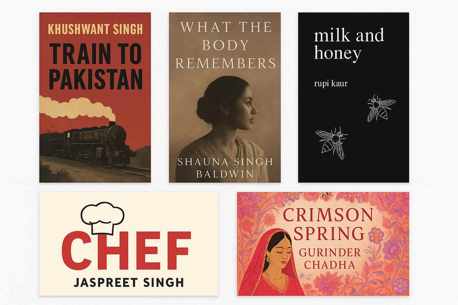 A modern collage of five book covers by Sikh authors — Train to Pakistan, What the Body Remembers, Milk and Honey, Chef, and Crimson Spring.
