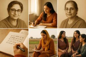 Collage of Punjabi women writers past and present, including Amrita Pritam and Dalip Kaur Tiwana with modern women writing in Punjab, symbolizing continuity in literature.