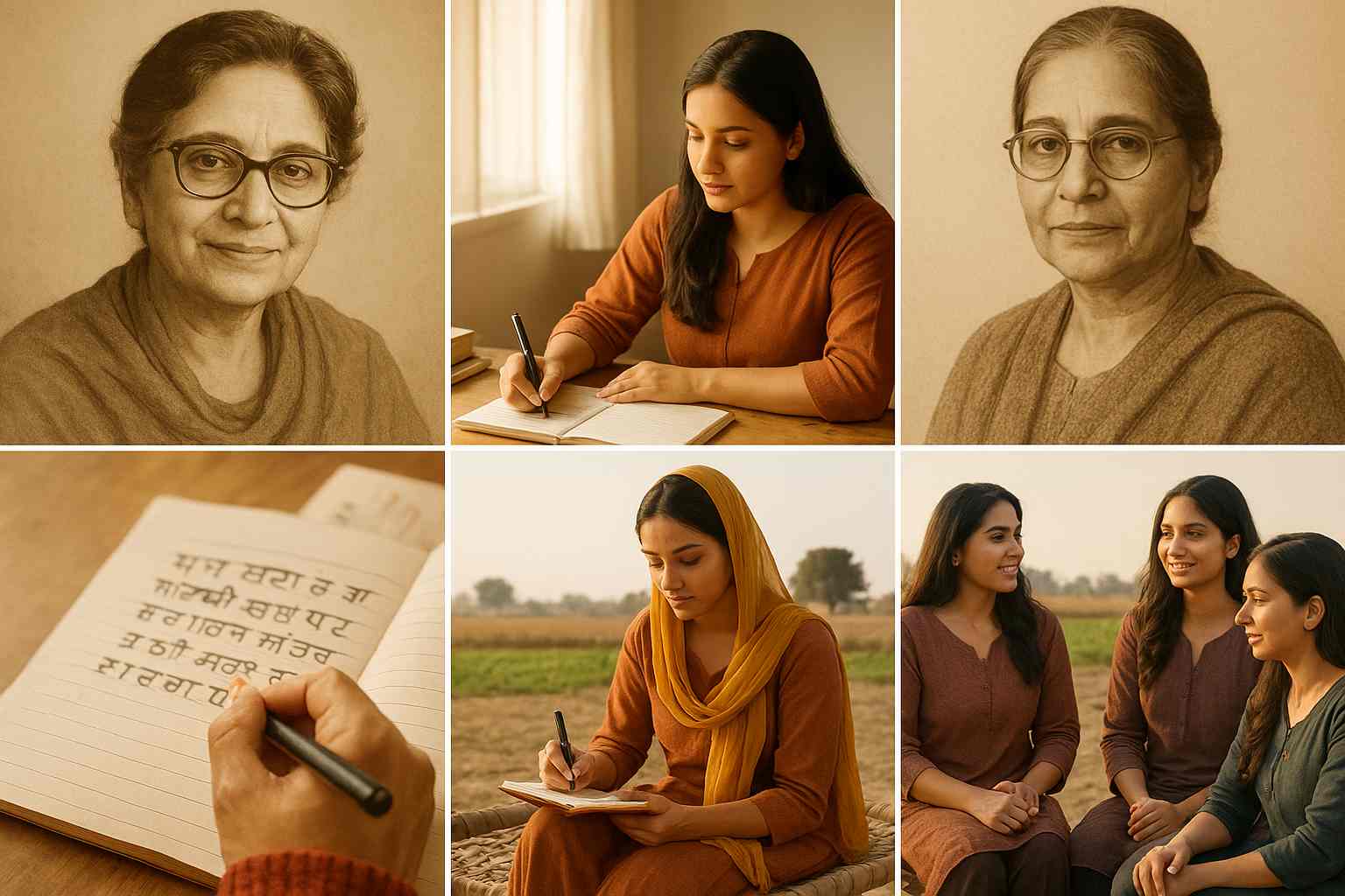 Collage of Punjabi women writers past and present, including Amrita Pritam and Dalip Kaur Tiwana with modern women writing in Punjab, symbolizing continuity in literature.