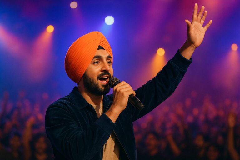 Sikh artist performing at an international music festival with diverse audience and instruments.