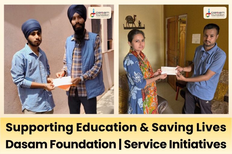 Dasam Foundation representatives handing over financial assistance cheques to beneficiaries in Dibrugarh and Nagaon, Assam, supporting education and cancer treatment initiatives.
